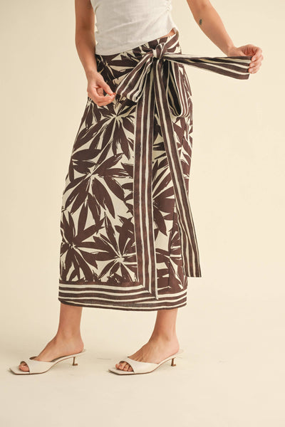 Chocolate Floral Linen Wrap Skirt