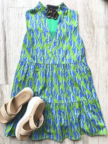 Sleeveless Print Pocket Dress - Blue/Green