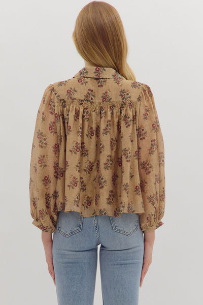 Camel Floral Button-Down Blouse | Vintage Puff Sleeve Top