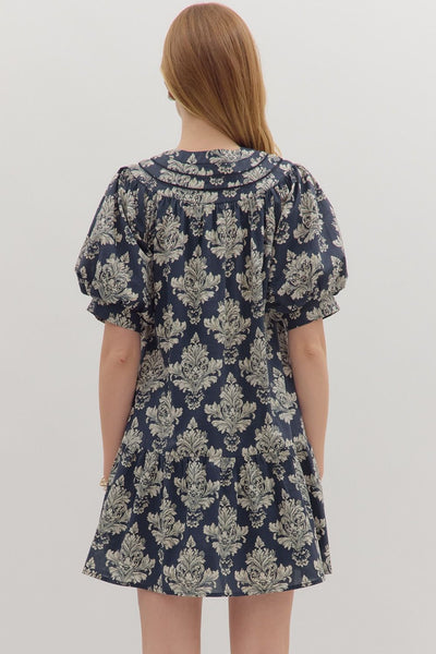 Navy Baroque Print Mini Dress