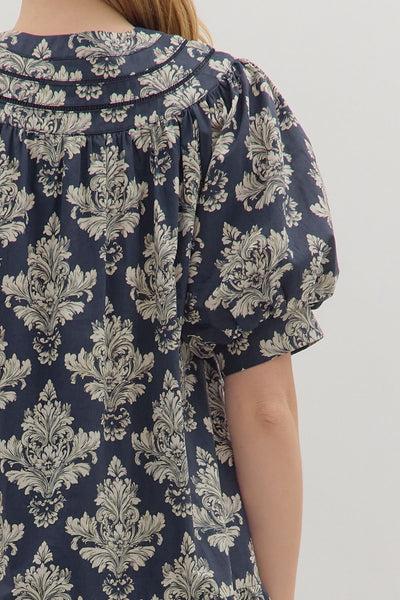 Navy Baroque Print Mini Dress