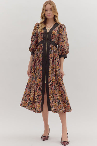 Floral Zip Midi Dress | Bohemian Fall Maxi Dress