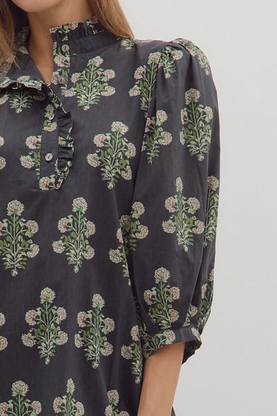 Black Floral Puff Sleeve Mini Dress | Ruffle Collar Dress