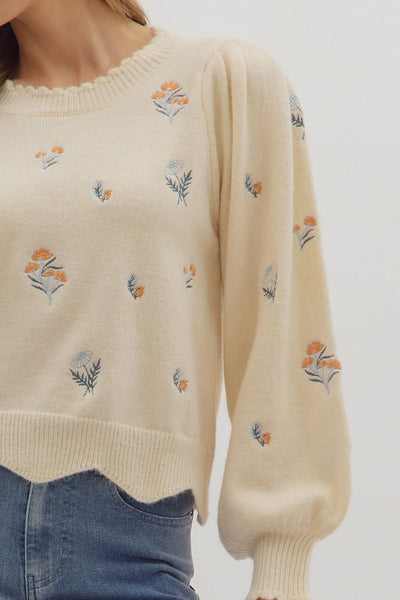 Cream Embroidered Floral Sweater | Scalloped Hem Knit