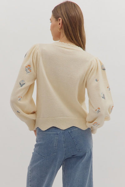 Cream Embroidered Floral Sweater | Scalloped Hem Knit