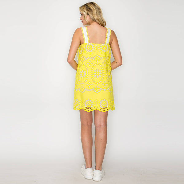 Lemon Yellow Daisy Eyelet Embroidery Mini Dress