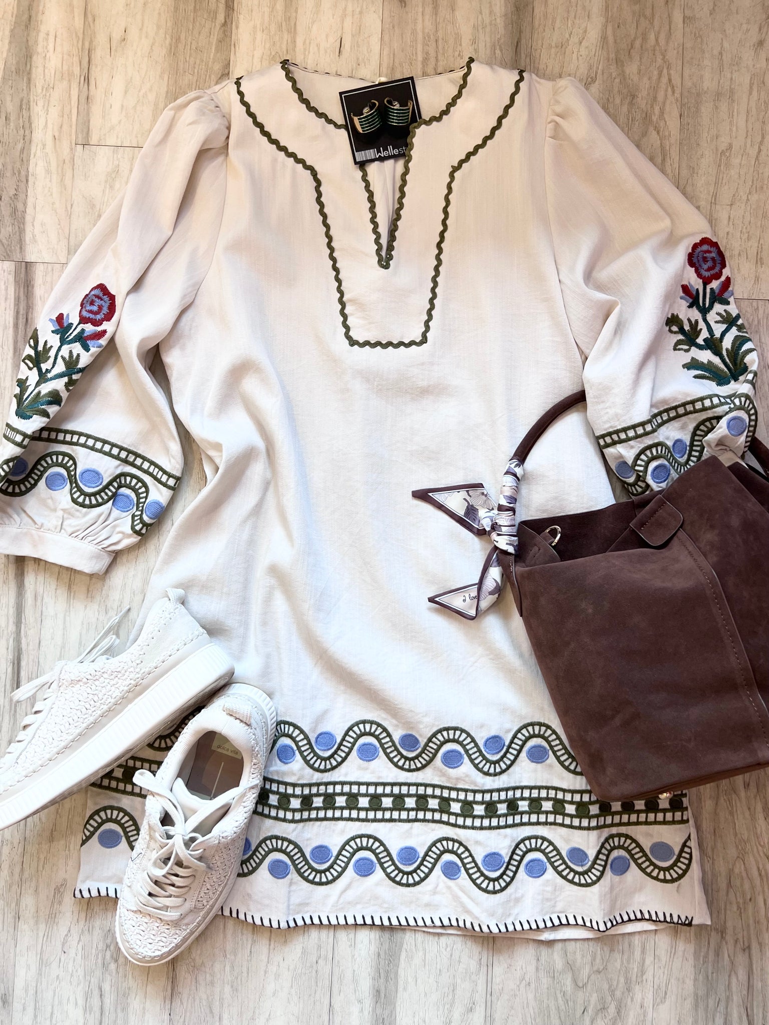Embroidered Puff Sleeve Mini Dress