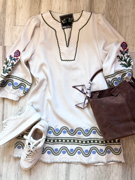 Embroidered Puff Sleeve Mini Dress