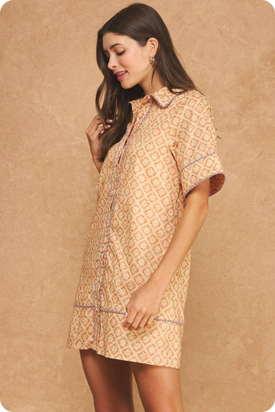 Retro Floral Stripe Piping Short Sleeve Shirt Mini Dress