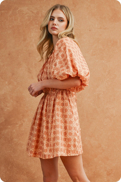 Chainlink Print Puff Short Sleeve Mini Dress