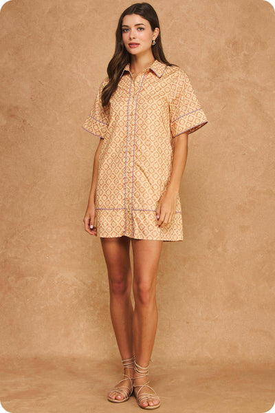 Retro Floral Stripe Piping Short Sleeve Shirt Mini Dress