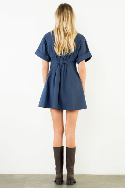 Navy Button Cinch Waist Dress