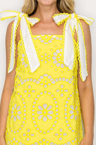 Lemon Yellow Daisy Eyelet Embroidery Mini Dress