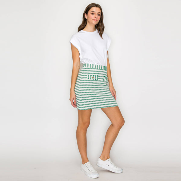 Green & White Stripe Summer French Boucle Mini Skirt