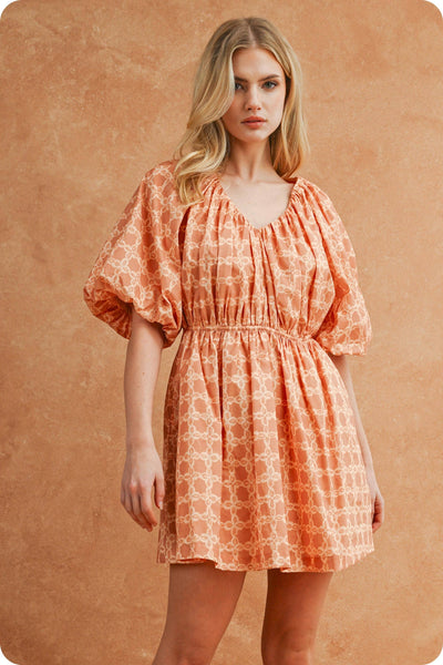 Chainlink Print Puff Short Sleeve Mini Dress