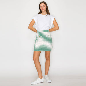 Green & White Stripe Summer French Boucle Mini Skirt