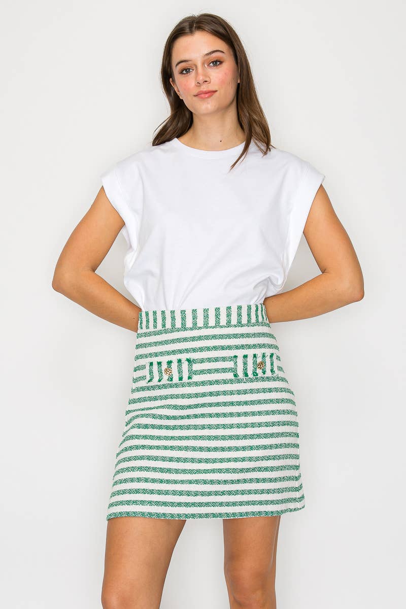 Green & White Stripe Summer French Boucle Mini Skirt