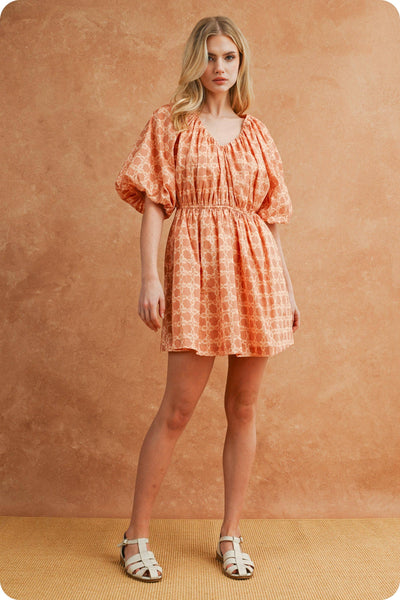 Chainlink Print Puff Short Sleeve Mini Dress