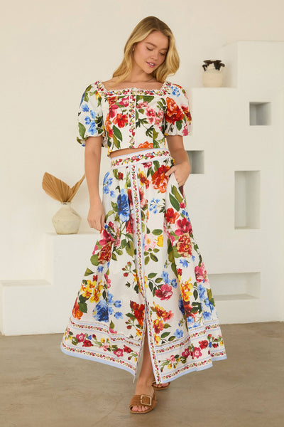 Floral Border Puff Sleeve Smocked Top