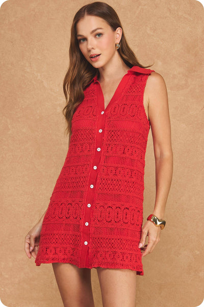 Crochet Lace Button Down Sleeveless Collared Mini Dress