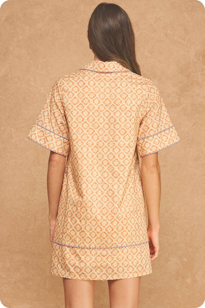 Retro Floral Stripe Piping Short Sleeve Shirt Mini Dress