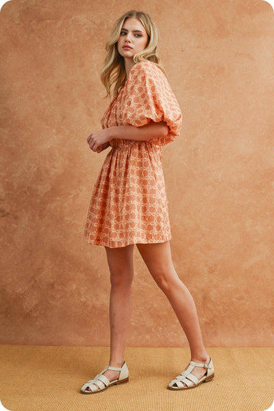 Chainlink Print Puff Short Sleeve Mini Dress
