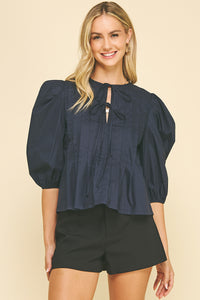 Pintuck Front Tie Puff Sleeve Top