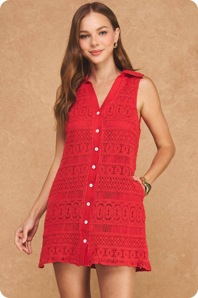 Crochet Lace Button Down Sleeveless Collared Mini Dress