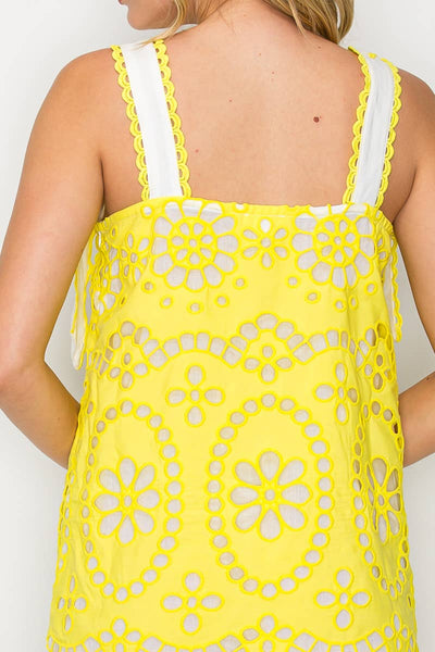 Lemon Yellow Daisy Eyelet Embroidery Mini Dress