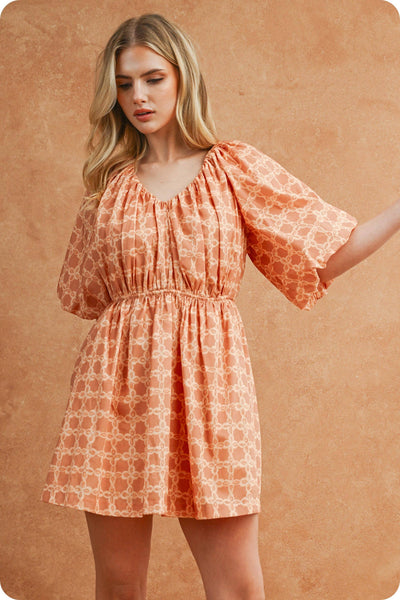 Chainlink Print Puff Short Sleeve Mini Dress