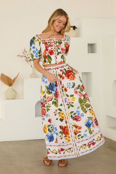 Floral Border Puff Sleeve Smocked Top