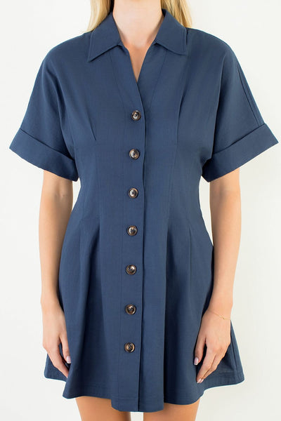 Navy Button Cinch Waist Dress