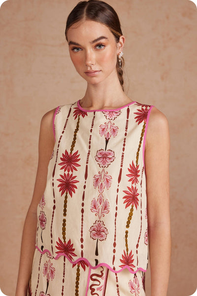 Border Striped Palm Floral Scallop Bottom Top