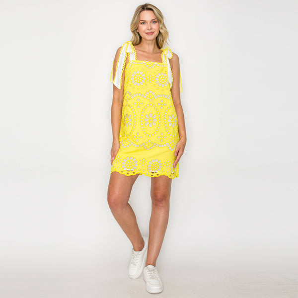 Lemon Yellow Daisy Eyelet Embroidery Mini Dress