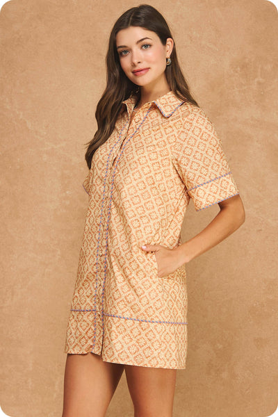 Retro Floral Stripe Piping Short Sleeve Shirt Mini Dress
