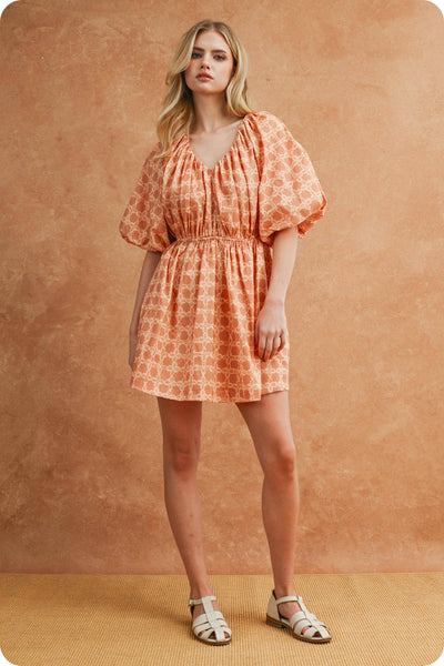 Chainlink Print Puff Short Sleeve Mini Dress