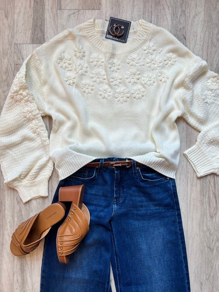 Embroidered 3D Daisy Knit Sweater