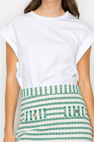 Green & White Stripe Summer French Boucle Mini Skirt