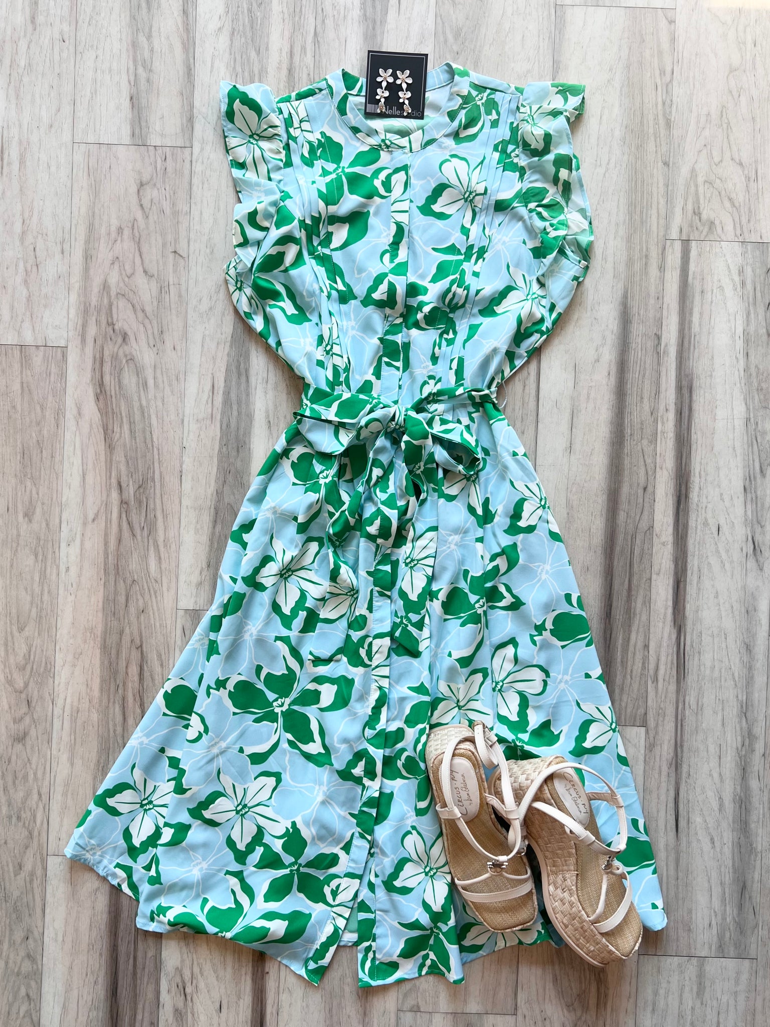 Pleat Tie Waist Print Dress