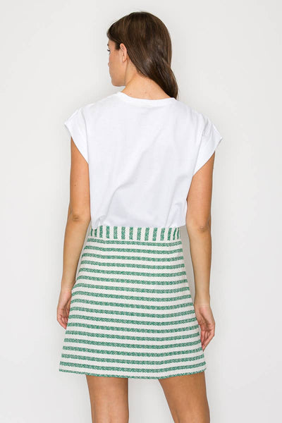 Green & White Stripe Summer French Boucle Mini Skirt