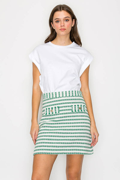 Green & White Stripe Summer French Boucle Mini Skirt