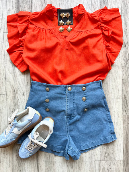 Stretch Denim Button Shorts