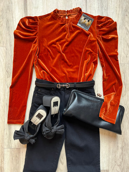 Velvet Frilled Neck Puff Sleeve Top