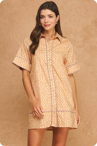 Retro Floral Stripe Piping Short Sleeve Shirt Mini Dress