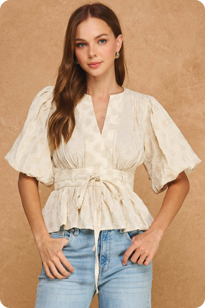 Dotted Textured Puff Sleeve Tie Waist Peplum Top