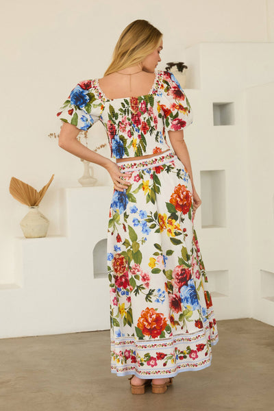 Floral Border Puff Sleeve Smocked Top