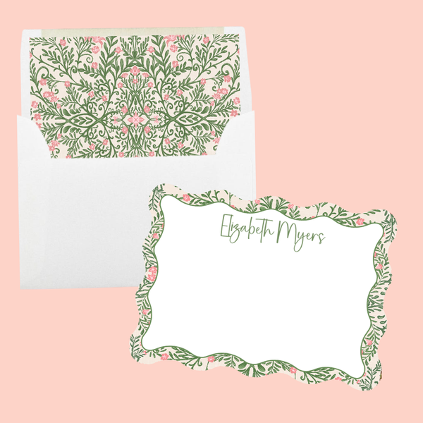 Pink & Green Chinoiserie Flower Custom Stationery Card Set