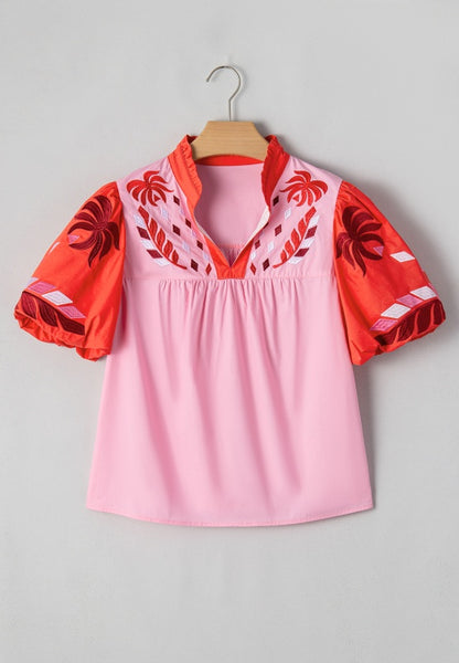 Embroidered Notched Short Sleeve Babydoll Blouse