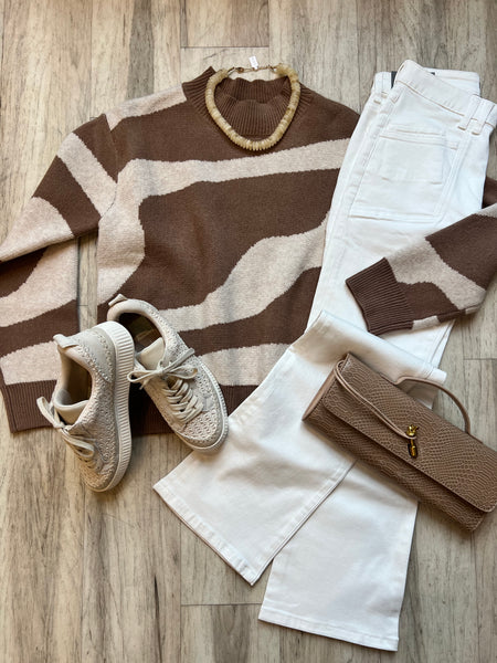 Abstract Ribbed Trim Mock Neck Sweater