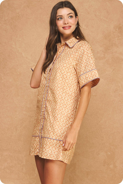 Retro Floral Stripe Piping Short Sleeve Shirt Mini Dress